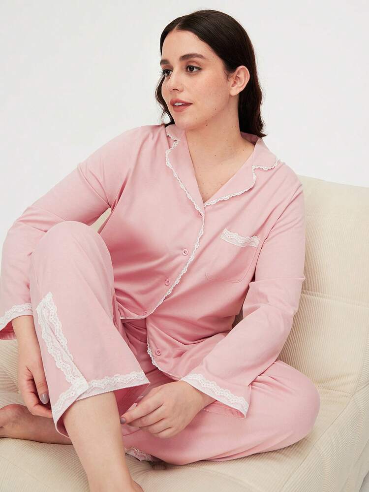 Soft 100% Pure Cotton With Lace Trim Long Women Pink Pajama Set Lounge Sets For Women Pants With Pockets Lingerie Bridal Intimates Clothes Wedding Items Cotton Pajamas