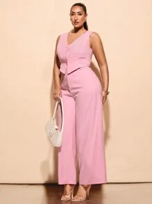 SHEIN BAE Curve Plus Size 女士单排扣西装背心和裤子套装粉色西装和背心两件套教师装商务女装 - 粉色 - 查看 3