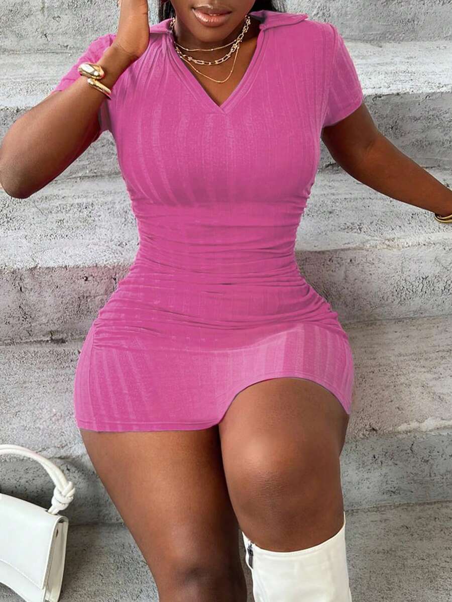 Slaydiva Summer New Arrival Elastic Tight Dress, Solid Color Wide Ribbed Mini Bodycon Dress - Pink - View 1