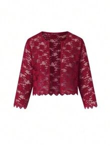SHEIN Clasi Plus Size Lace Casual Long Sleeve Daily Jacket - Burgundy - View 1
