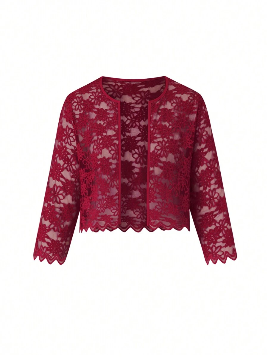 SHEIN Clasi Plus Size Lace Casual Long Sleeve Daily Jacket - Burgundy - View 1