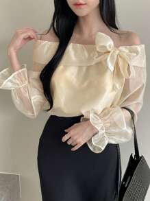 DAZY Áo sơ mi ngày lễ tay áo trễ vai dành cho nữ - Màu be - Xem 1