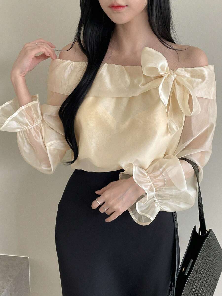 DAZY Áo sơ mi ngày lễ tay áo trễ vai dành cho nữ - Màu be - Xem 1