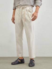 Manfinity VCAY Linen Men's Woven Leisure Long Straight Pants, Mid-Waist, Summer, Suitable For Daily Wear - Apricot - View 3