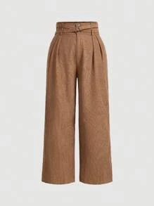 SHEIN MOD Pantalones marrones de talle súper alto y pierna ancha de doble cinturón de talla grande