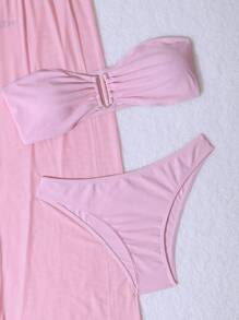 SHEIN Swim Women's Solid Color Simple Daily Bikini Set With Separable Design, 3pcs Summer - Pink - View 2