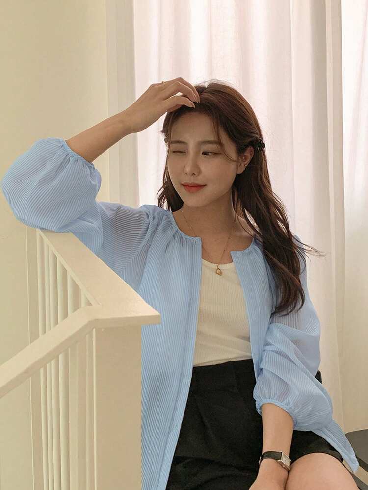 Women Striped Loose Semi-Sheer Long Sleeve Blouse,Fall Women Clothes