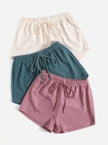 3 piezas Pantalones cortos casuales de mujer de unicolor con cordón - Multicolor - Ver 4