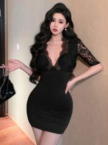 DAZY 女士蕾丝拼接短袖派对礼服，适合宴会、返校夏季派对女士太阳裙、迷你裙返校节礼服 - 黑色 - 查看 6