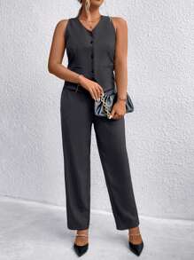 SHEIN Clasi Chaleco de mujer de talla grande abotonado y sin mangas y pantalones de traje para el verano
