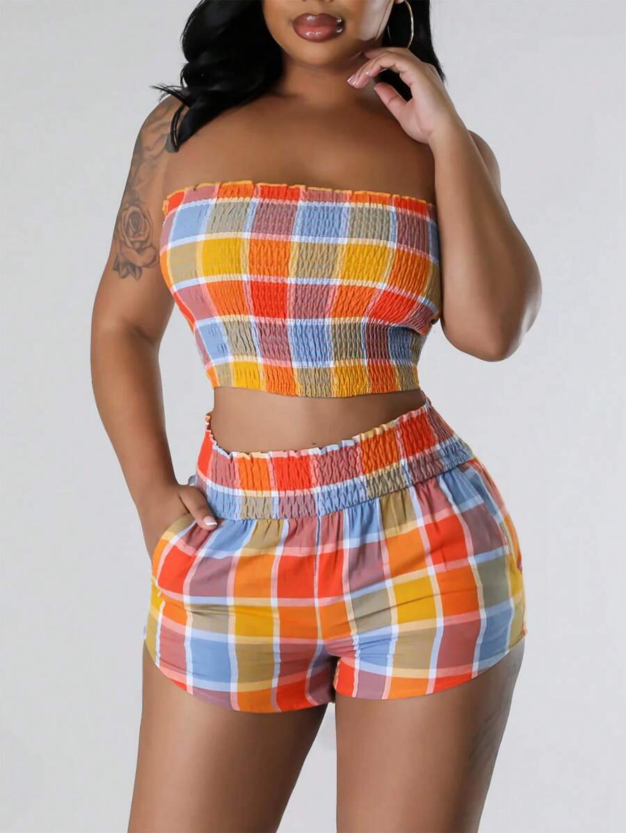 SHEIN Plaid Print Tube Top & Drawstring Side Shorts - Multicolor - View 1