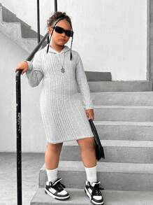 SHEIN Tween Girls Extended Size Basic Casual Knit Solid Color Long Sleeve Hooded Sheath Dress - Grey - View 4