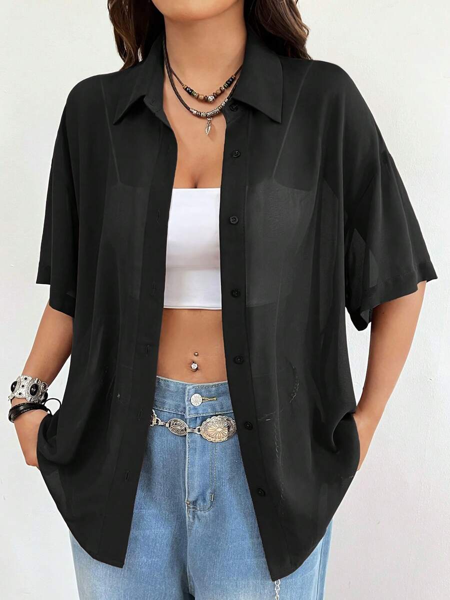 SHEIN EZwear Áo Sơ Mi Nữ Tay Lửng Màu Đen Sheer Cổ Điển, Cổ Điển, Có Nút Xuống - màu đen - Xem 1