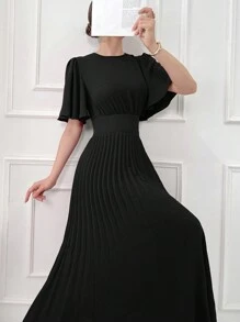 Modelyn 女士純色圓領蝴蝶袖褶皺優雅連衣裙 - 黑色 - 查看 3