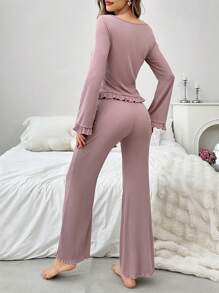 Lapel Collar & Ruffle Hem Split Design Women's Homewear Set - Dusty Pink - View 2