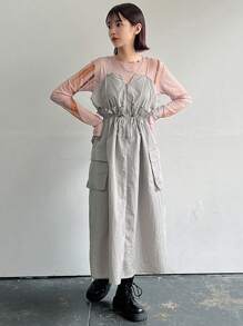 FRIFUL Women's Zipper Pockets Design Waist-Cinched Casual Dress Sundress - Light Grey - View 7