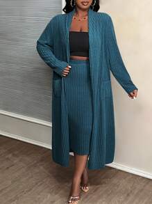 Slaydiva Plus Size Blue Fleece Knit Basic Casual Skirt Set With Long Cardigan For Early Autumn & Winter, B - Navy Blue - View 5