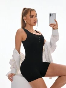 Gameset SHEIN Sport Women's Square Neck Sleeveless Jumpsuit With Front Buttons For Sports - Black - View 6