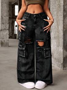 SHEIN PETITE Ladies' Casual Wide-Leg Cargo Jeans With Distressed Holes And Pockets