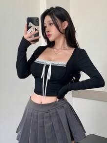 DAZY 秋季新款撞色拼接修身休闲女式T恤 - 黑色 - 查看 5