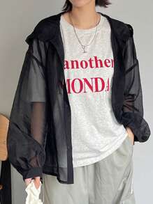 FRIFUL Women's Simple Printed Hooded Long-Sleeved Shirt Sheer Long Sleeve Women - Black - View 5