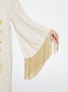 ROMWE Hippie Camiseta de manga larga para mujer con estampado de girasol y decoración de flecos