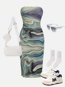 SHEIN Girlism Váy ống lưới in họa tiết gợn sóng và trong suốt cho bé gái tuổi teen - Nhiều màu - Xem 1