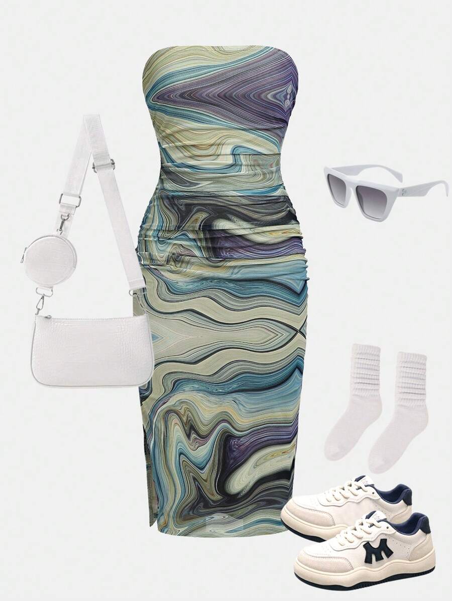 SHEIN Girlism Váy ống lưới in họa tiết gợn sóng và trong suốt cho bé gái tuổi teen - Nhiều màu - Xem 1