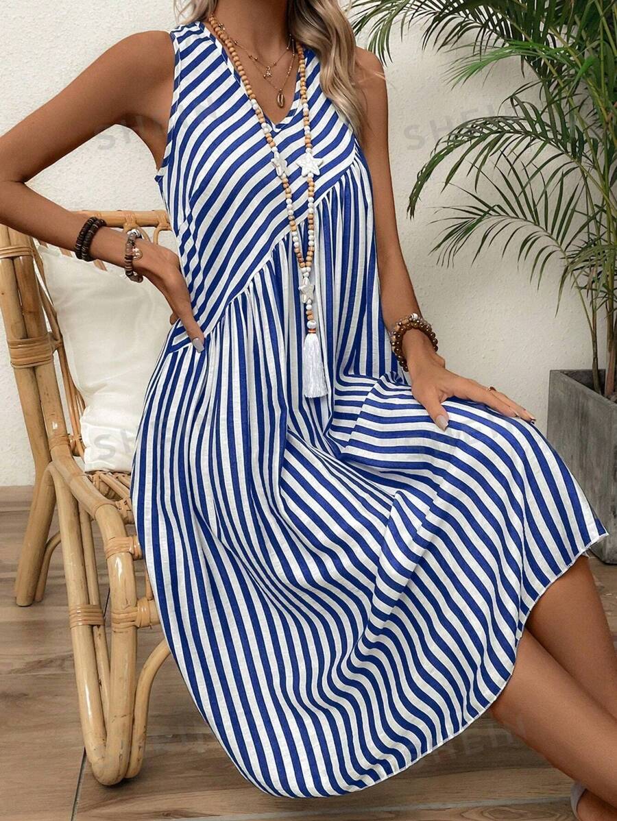 SHEIN LUNE Sleeveless Striped A-Line Dress With V-Neck And Printed Hem ...