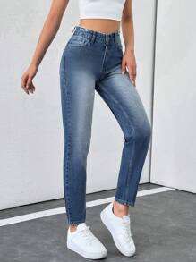 SHEIN Cottnline HIGH WAIST SLIM STRAIGHT CUT CROPPED JEAN - Light Wash - View 1