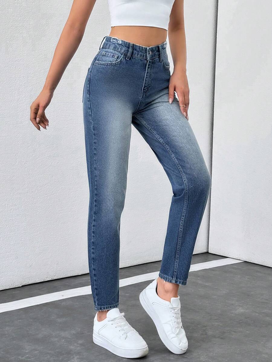 SHEIN Cottnline HIGH WAIST SLIM STRAIGHT CUT CROPPED JEAN - Light Wash - View 1