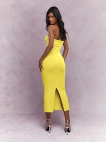 MISSGUIDED 泽西扭纹结胸背开衩下摆露肩抹胸中长连衣裙可爱太阳裙 - 黃色 - 查看 2