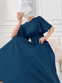 Modelyn Women's Solid Color Round Neck Pleated Arab Summer Elegant Dress - Teal Blue - View 3