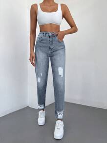 RueChic High Waist Ripped Mom Fit Jeans - Light Wash - View 5