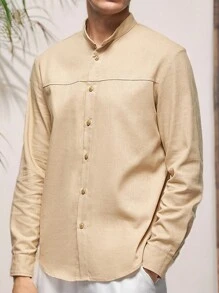 Manfinity VCAY Men's 2pcs Woven Leisure Stand Collar Long Sleeve Plain Shirt, Suitable For Spring And Summer