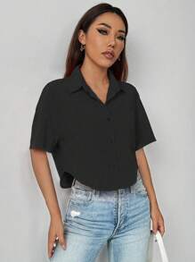 SHEIN LUNE Ladies' Solid Color Simple Everyday Short Casual Black Shirt,Short Sleeve Tops - Black - View 5