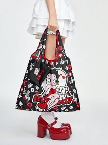Betty Boop | ROMWE Cartoon Sweet And Cute Storage Bag, Large Capacity Portable Foldable Shopping Tote Bag With Coin Purse , Cute - Black - View 7