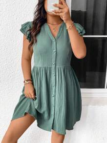 SHEIN Frenchy Plus Kích thước Cổ chữ V dành cho nữ, Quay lại đến trường ,Màu trơn Đơn giản Mặc hàng ngày Váy - Màu xanh lá cây đậm - Xem 5