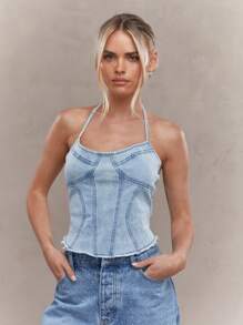 MISSGUIDED 束腰露背牛仔上衣，挽領領口拉鍊式後背設計 - 淺色水洗藍 - 查看 1