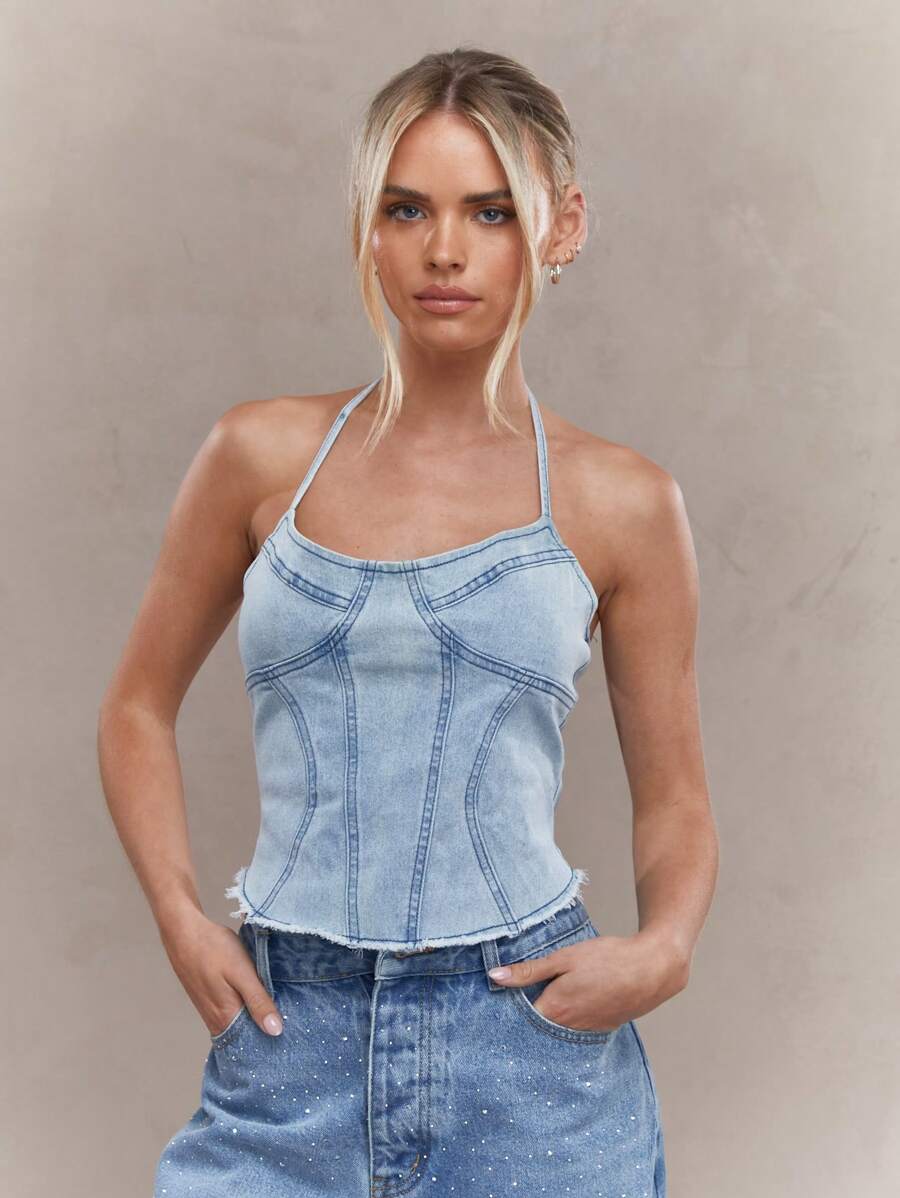 MISSGUIDED 束腰露背牛仔上衣，挽領領口拉鍊式後背設計 - 淺色水洗藍 - 查看 1