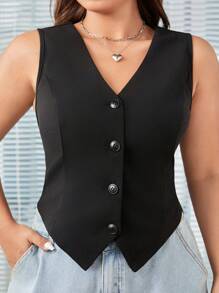 SHEIN CURVE+ Plus Size Women's Black Suit Vest, Elegant And Casual In Fall/Winter - Black - View 1
