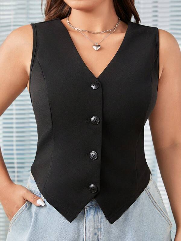 SHEIN CURVE+ Vesta De Costum Neagra De Dama Marime Plus, Eleganta Si Casual