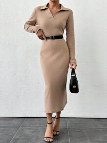 RueChic 米色領口日常連衣裙 - 米色 - 查看 5