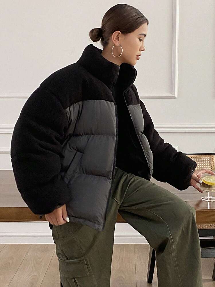 Women's Loose Fit Woolen Coat With Contrast Stand Collar And Long Sleeves, Winter Women Clothes, Padded Coat Women Jacket
