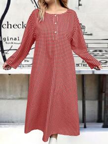 SHEIN LUNE 大码女式休闲格子长裙 - 紅色 - 查看 3