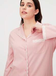 LUVLETTE 柔软100%纯棉蕾丝边长款女士粉色睡衣套装家居服套装，带口袋长裤，内衣新娘贴身衣物婚礼用品 - 粉色 - 查看 4