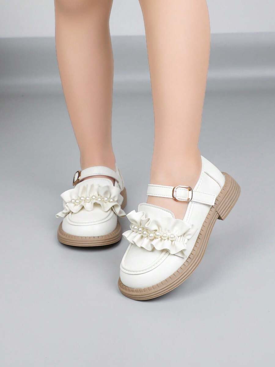 女孩公主皮鞋，春秋童鞋，柔軟鞋底，英式風格，學生鞋，瑪麗珍鞋，適合小女孩 - 米色 - 查看 1