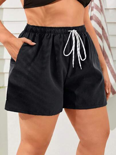 Swim Lushoire Plus Size Solid Color Drawstring Waist Swim Bottoms For Summer Beach