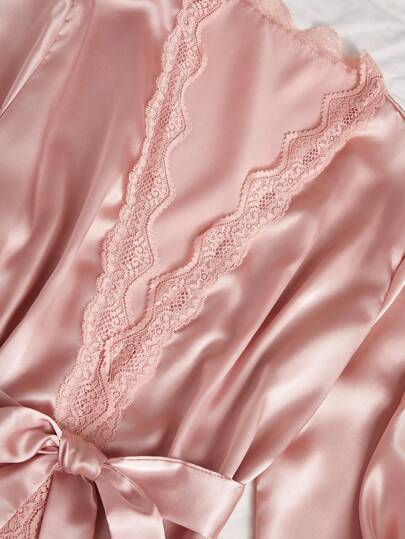 Kanten Patchwork Zijden Imitation Set Of Cami Top Shorts, Pants, Belted Robe, Pajama Set, Fall Clothes Cozy Elegante view 6