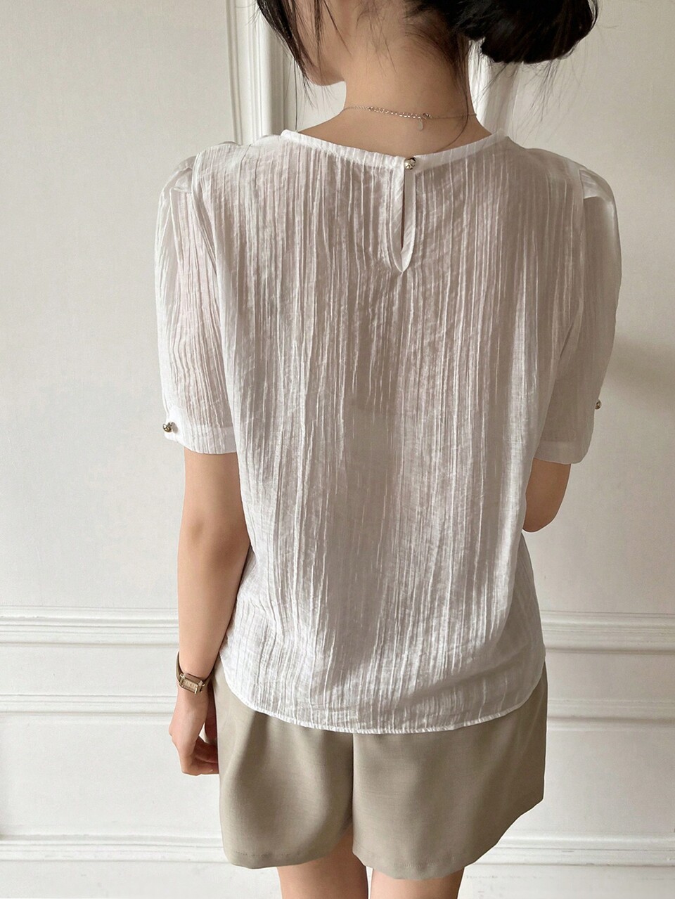 Women's Solid Color Round Neck 2 In 1 Loose Short Sleeve Shirt,Ruffle Sheer